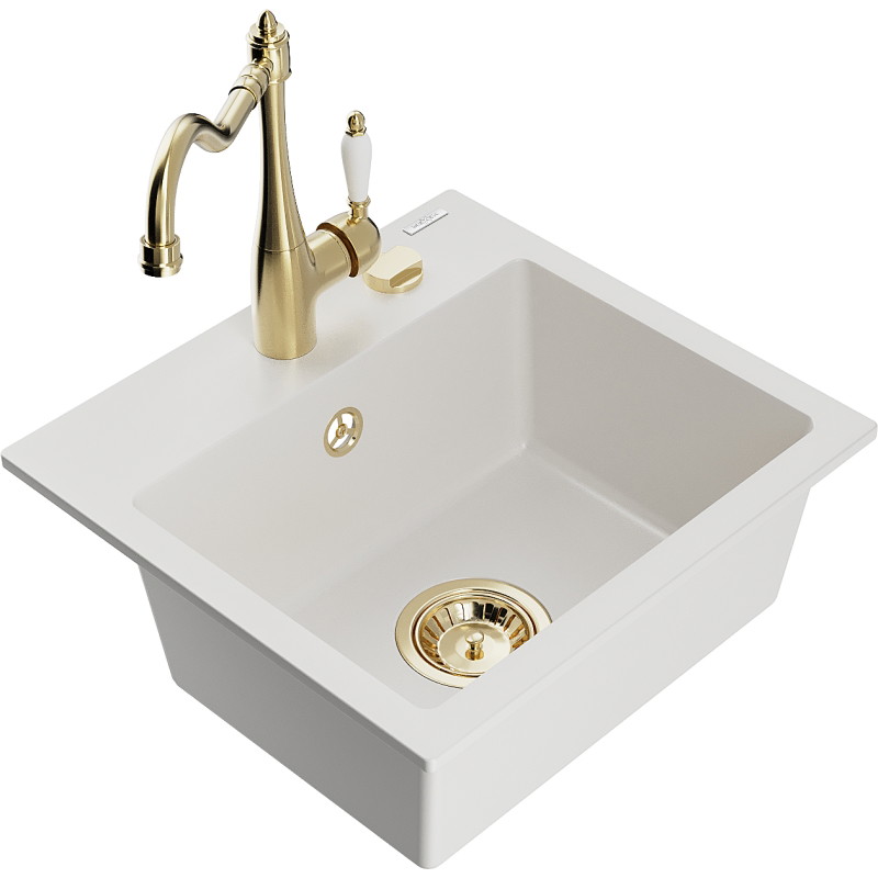 Mexen Milo granite 1-bowl kitchen sink with Carla kitchen faucet, white - 6505-20-670700-50