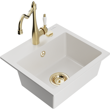 Mexen Milo 1-compartment granite sink with a kitchen mixer tap Carla, White - 6505-20-670700-50