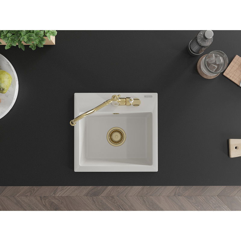 Mexen Milo 1-bowl granite sink with Carla kitchen tap, white - 6505-20-670700-50