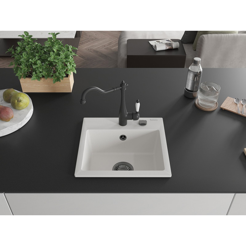 Mexen Milo granit sink 1-bowl with kitchen faucet Carla, white - 6505-20-670700-70