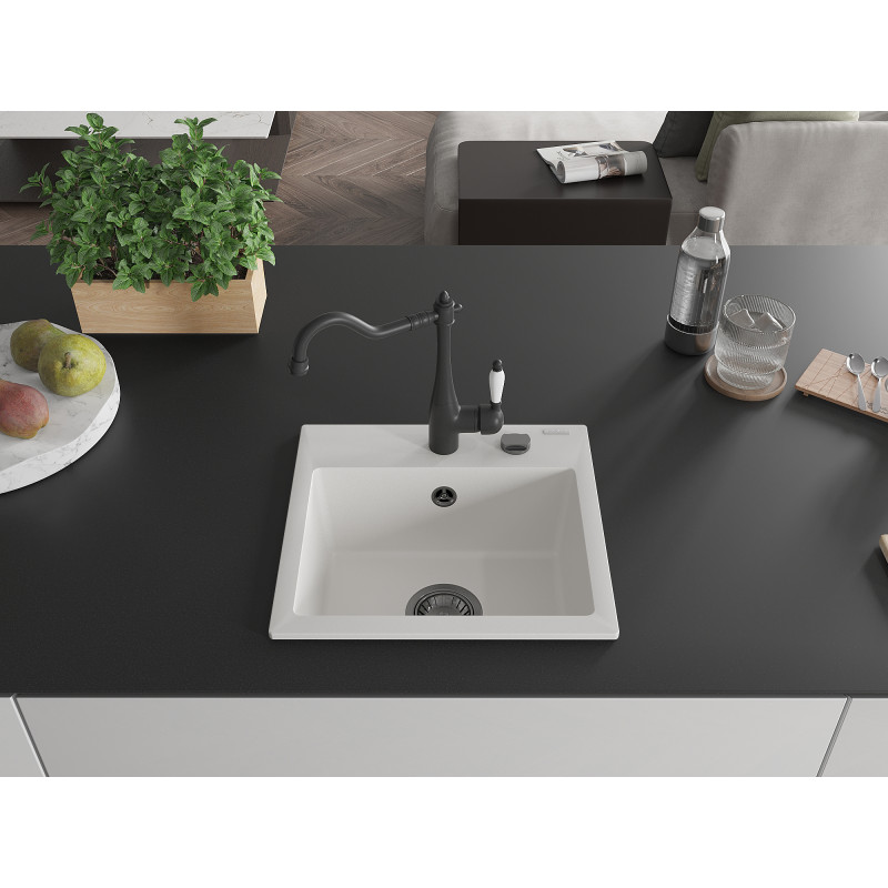 Mexen Milo granite kitchen sink 1-bowl with Carla kitchen faucet, white - 6505-20-670700-70