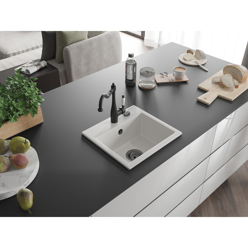 Mexen Milo granite kitchen sink 1-bowl with Carla kitchen faucet, white - 6505-20-670700-70