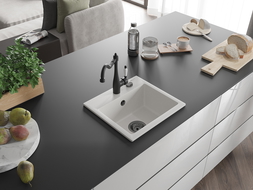 Mexen Milo 1-compartment granite sink with a kitchen mixer tap Carla, White - 6505-20-670700-70