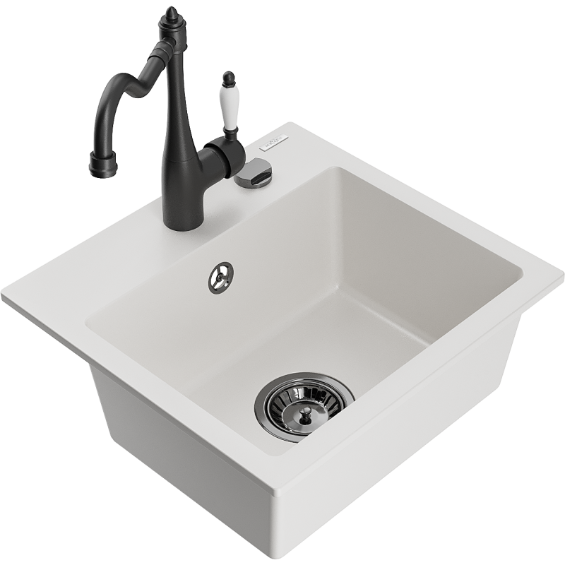 Mexen Milo 1-bowl granite kitchen sink with Carla tap, white - 6505-20-670700-70