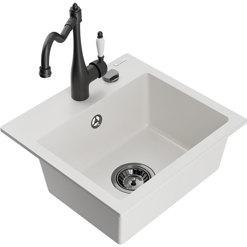 Mexen Milo granit sink 1-bowl with kitchen faucet Carla, white - 6505-20-670700-70