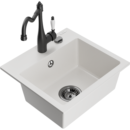 Mexen Milo 1-compartment granite sink with a kitchen mixer tap Carla, White - 6505-20-670700-70