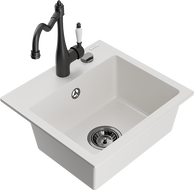 Mexen Milo 1-compartment granite sink with a kitchen mixer tap Carla, White - 6505-20-670700-70