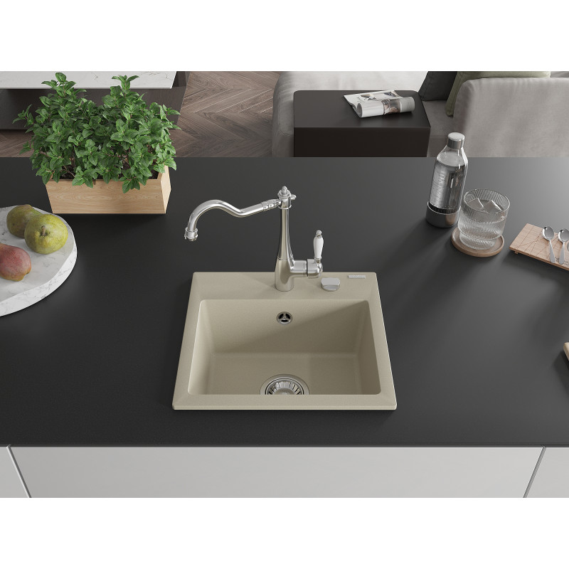 Mexen Milo 1-bowl granite sink with Carla kitchen faucet, beige - 6505-69-670700-00