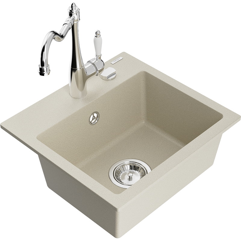 Mexen Milo 1-bowl granite sink with kitchen faucet Carla, beige - 6505-69-670700-00