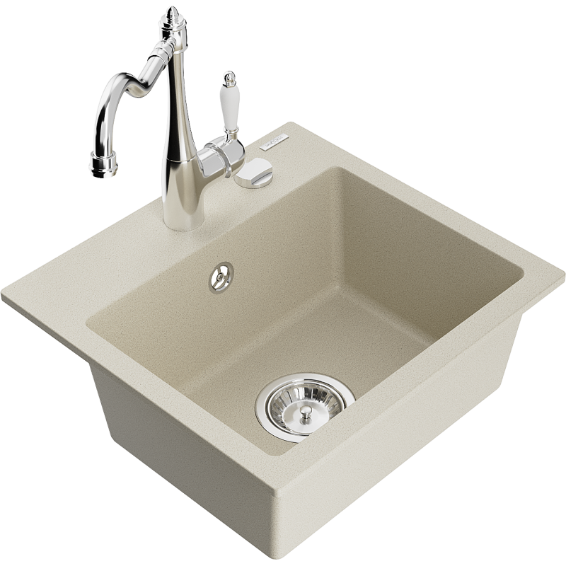 Mexen Milo 1-compartment granite sink with a kitchen mixer tap Carla, Beige - 6505-69-670700-00