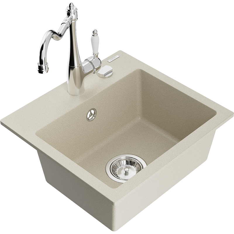 Mexen Milo granite sink with 1 bowl and Carla kitchen tap, beige - 6505-69-670700-00