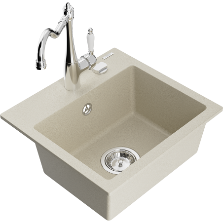 Mexen Milo 1-compartment granite sink with a kitchen mixer tap Carla, Beige - 6505-69-670700-00