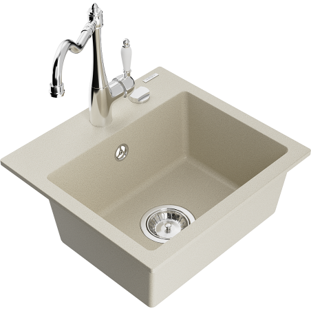 Mexen Milo granite sink with 1 bowl and Carla kitchen tap, beige - 6505-69-670700-00