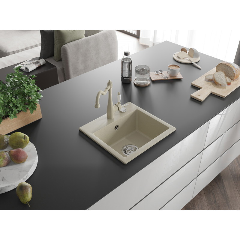 Mexen Milo granite 1-bowl sink with Carla kitchen faucet, beige - 6505-69-670700-69