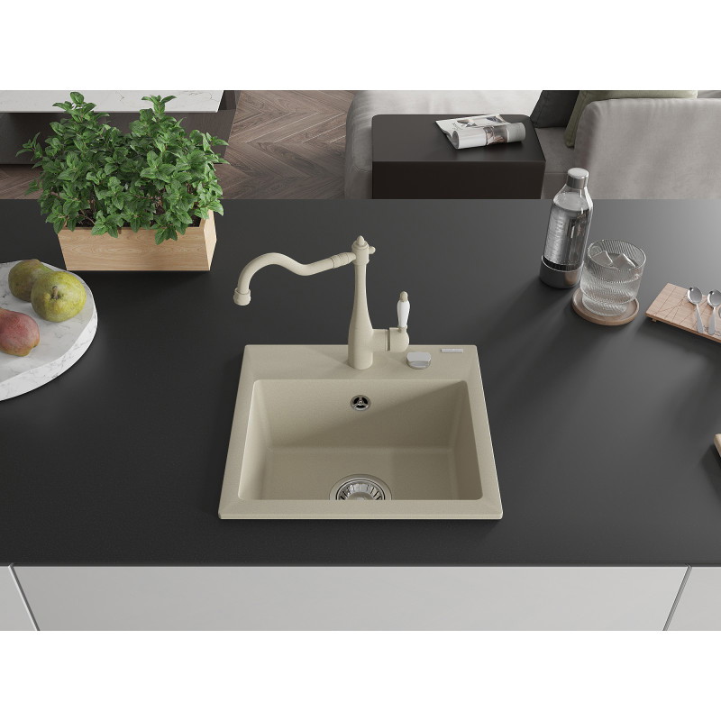 Mexen Milo granite 1-bowl sink with Carla kitchen faucet, beige - 6505-69-670700-69
