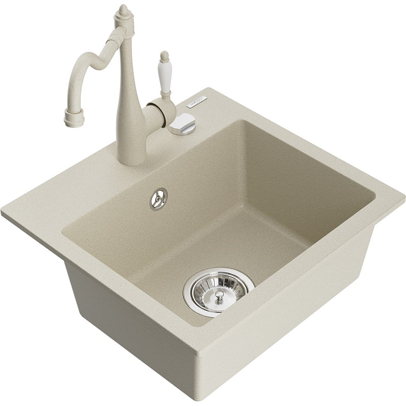 Mexen Milo 1-bowl granite sink with kitchen faucet Carla, beige - 6505-69-670700-69