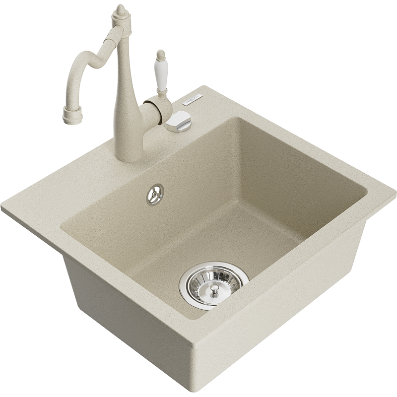 Mexen Milo 1-compartment granite sink with a kitchen mixer tap Carla, Beige - 6505-69-670700-69