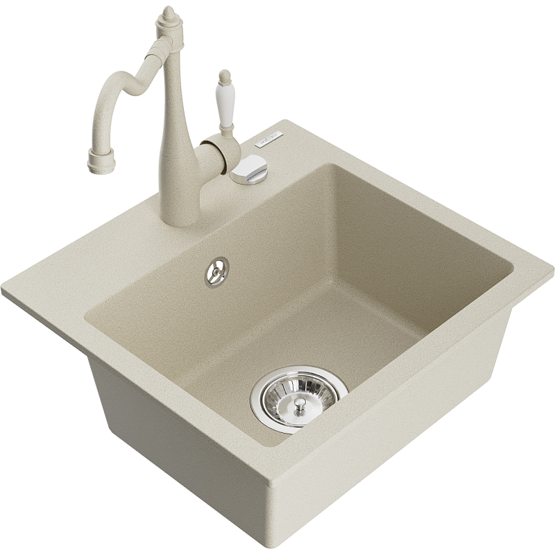 Mexen Milo granite 1-bowl sink with Carla kitchen faucet, beige - 6505-69-670700-69