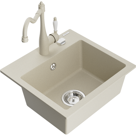 Mexen Milo 1-compartment granite sink with a kitchen mixer tap Carla, Beige - 6505-69-670700-69