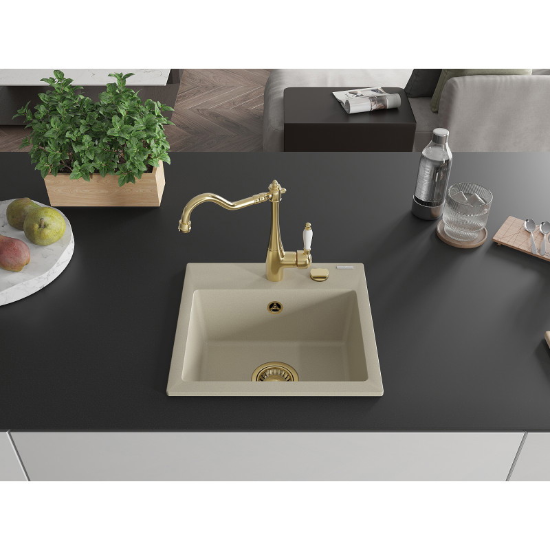 Mexen Milo granite sink 1-bowl with kitchen faucet Carla, beige - 6505-69-670700-50