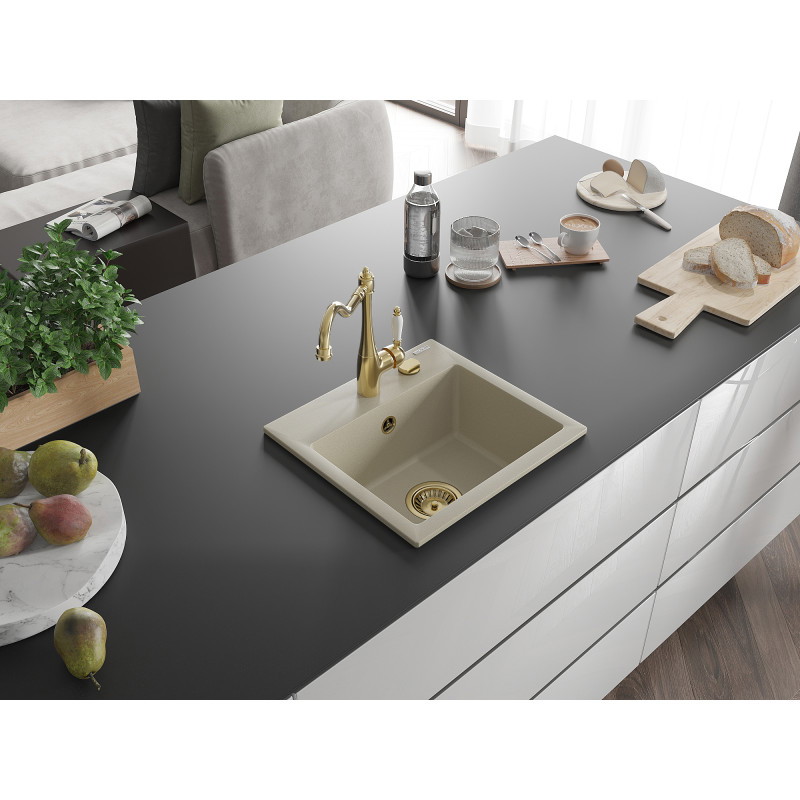 Mexen Milo granite sink 1-bowl with kitchen faucet Carla, beige - 6505-69-670700-50