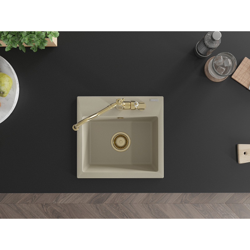 Mexen Milo granite sink 1-bowl with kitchen faucet Carla, beige - 6505-69-670700-50