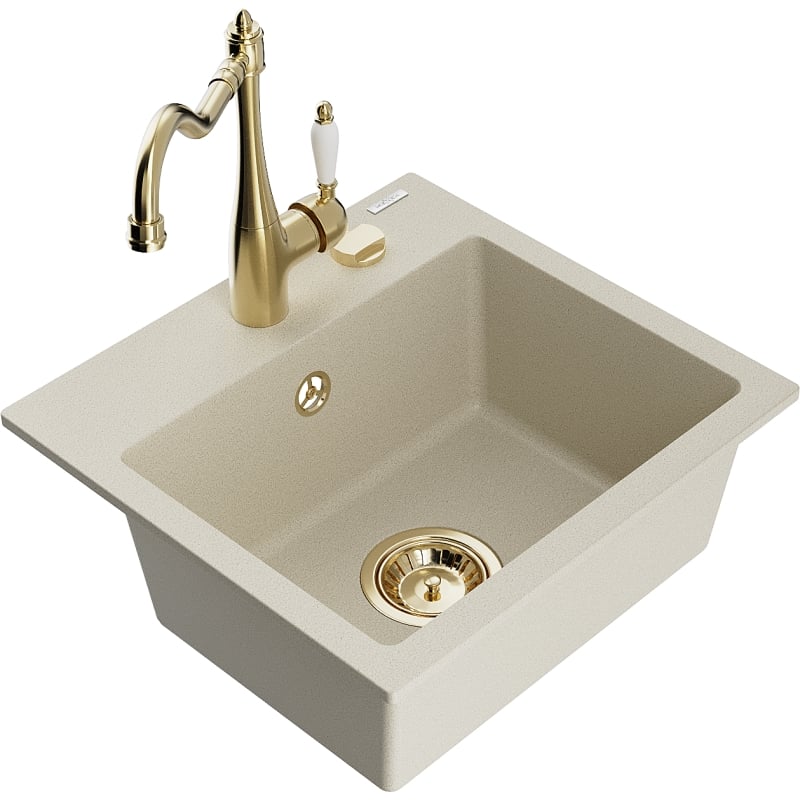 Mexen Milo 1-bowl granite sink with Carla kitchen faucet, beige - 6505-69-670700-50