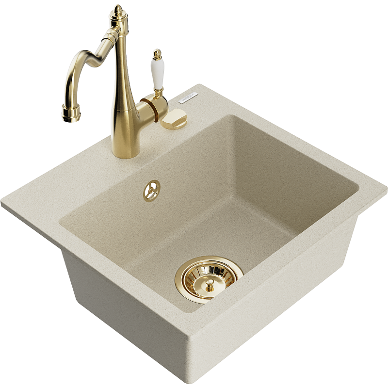 Mexen Milo 1-compartment granite sink with a kitchen mixer tap Carla, Beige - 6505-69-670700-50
