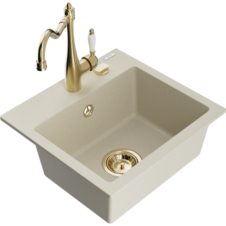 Mexen Milo 1-bowl granite sink with Carla kitchen faucet, beige - 6505-69-670700-50