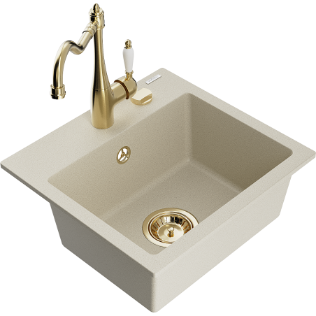 Mexen Milo 1-compartment granite sink with a kitchen mixer tap Carla, Beige - 6505-69-670700-50