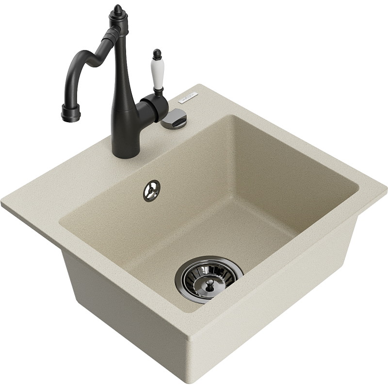 Mexen Milo 1-bowl granite sink with Carla kitchen faucet, beige - 6505-69-670700-70
