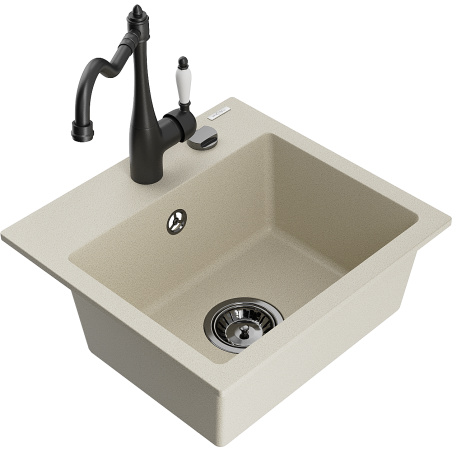 Mexen Milo granite sink, 1-bowl with Carla kitchen tap, beige - 6505-69-670700-70