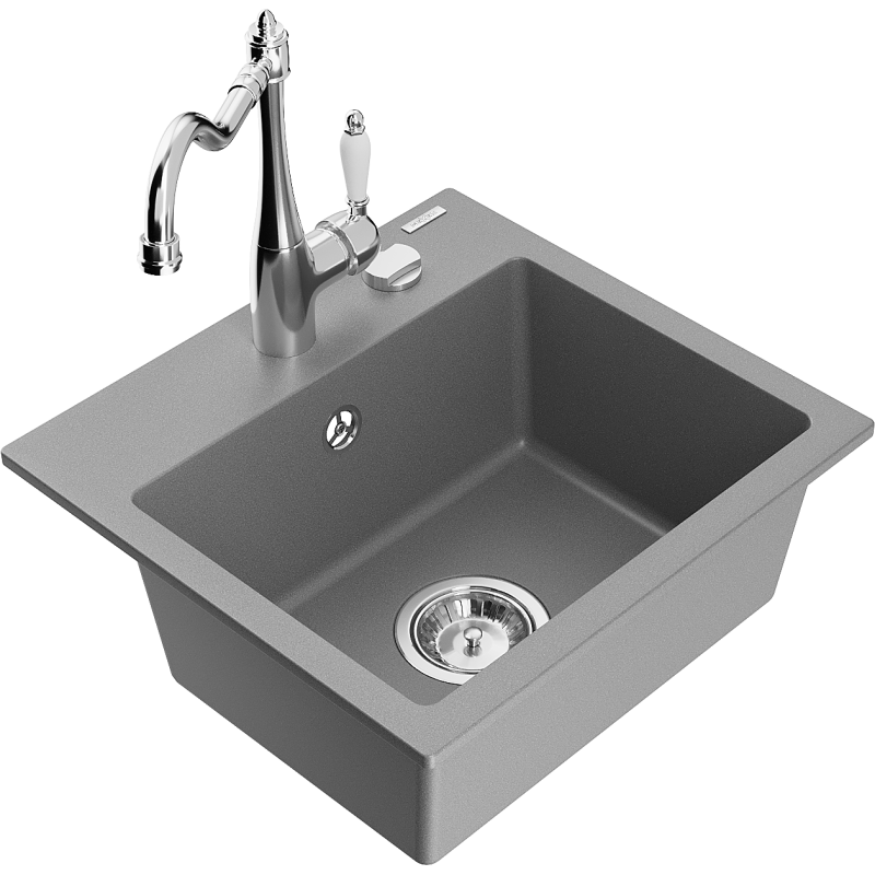 Mexen Milo 1-Bowl Granite Kitchen Sink with Faucet Carla, Gray - 6505-71-670700-00