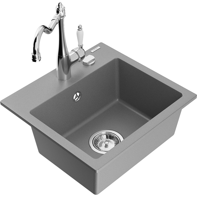 Mexen Milo 1-bowl granite sink with Carla kitchen faucet, gray - 6505-71-670700-00