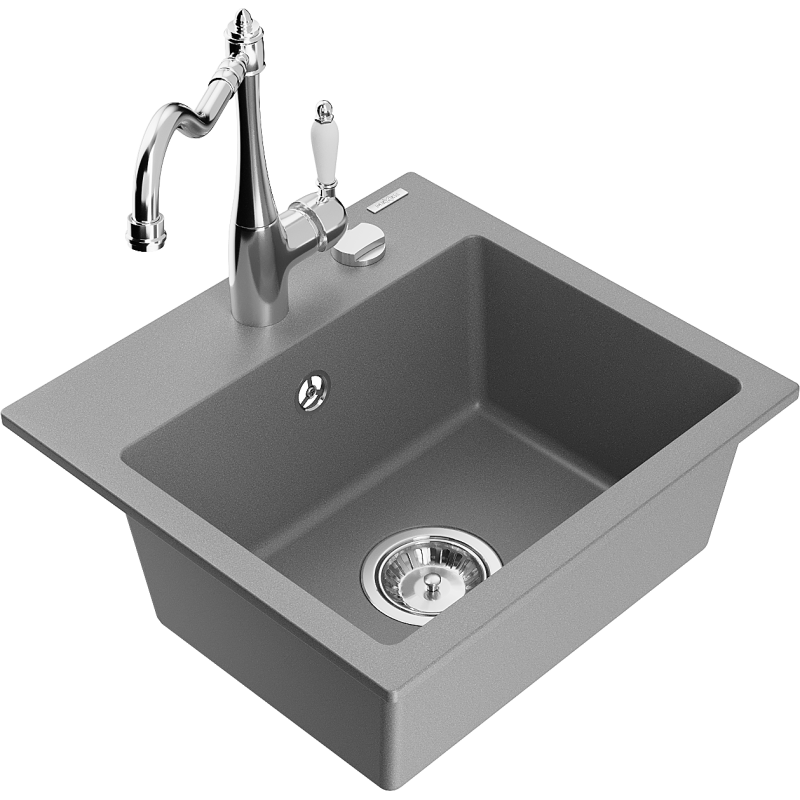 Mexen Milo granite sink 1-bowl with Carla kitchen tap, grey - 6505-71-670700-00