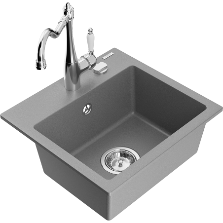 Mexen Milo granite sink 1-bowl with Carla kitchen tap, grey - 6505-71-670700-00