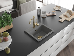 Mexen Milo 1-compartment granite sink with a kitchen mixer tap Carla, Grey - 6505-71-670700-50