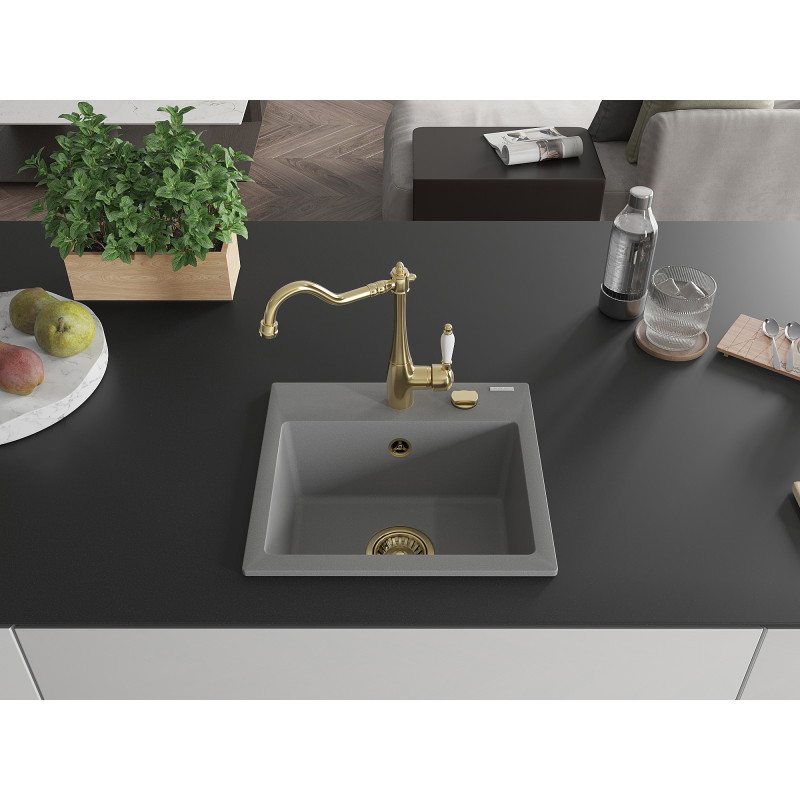 Mexen Milo 1-bowl granite sink with Carla kitchen faucet, gray - 6505-71-670700-50