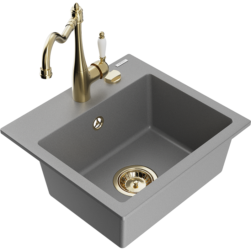 Mexen Milo 1-bowl granite sink with Carla kitchen tap, grey - 6505-71-670700-50