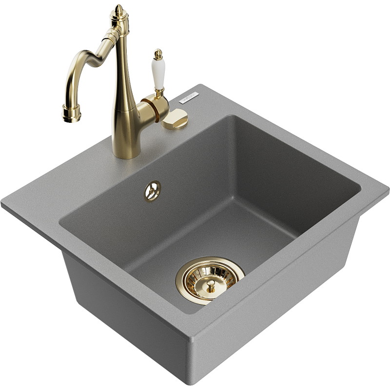 Mexen Milo 1-bowl granite sink with kitchen faucet Carla, gray - 6505-71-670700-50