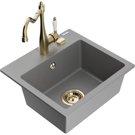 Mexen Milo 1-bowl granite sink with Carla kitchen tap, grey - 6505-71-670700-50
