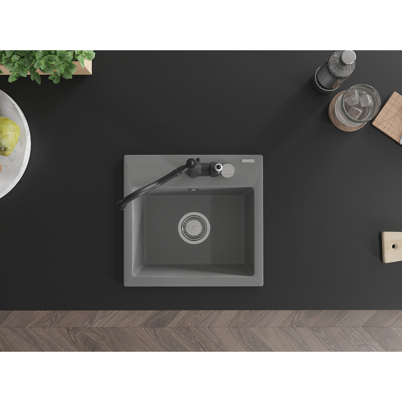 Mexen Milo 1-bowl granite sink with kitchen faucet Carla, gray - 6505-71-670700-70