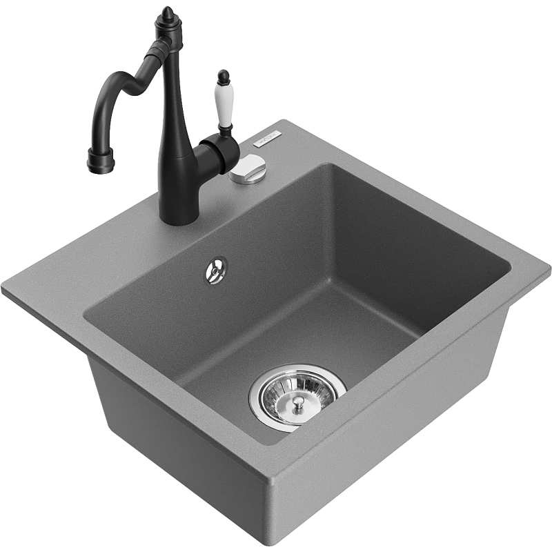 Mexen Milo 1-bowl granite sink with kitchen faucet Carla, gray - 6505-71-670700-70
