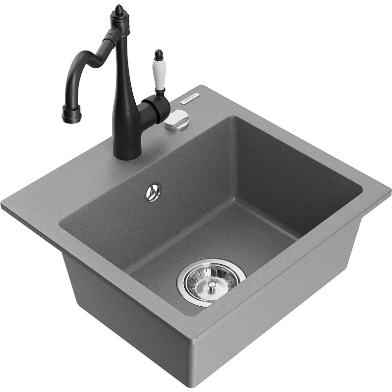Mexen Milo granite 1-bowl sink with Carla kitchen faucet, gray - 6505-71-670700-70