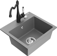 Mexen Milo granite 1-bowl sink with Carla kitchen faucet, gray - 6505-71-670700-70
