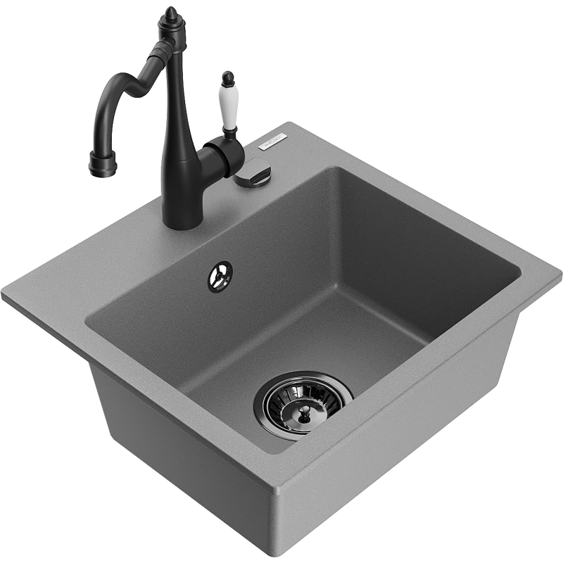 Mexen Milo 1-bowl granite sink with Carla kitchen faucet, gray - 6505-71-670700-70-B
