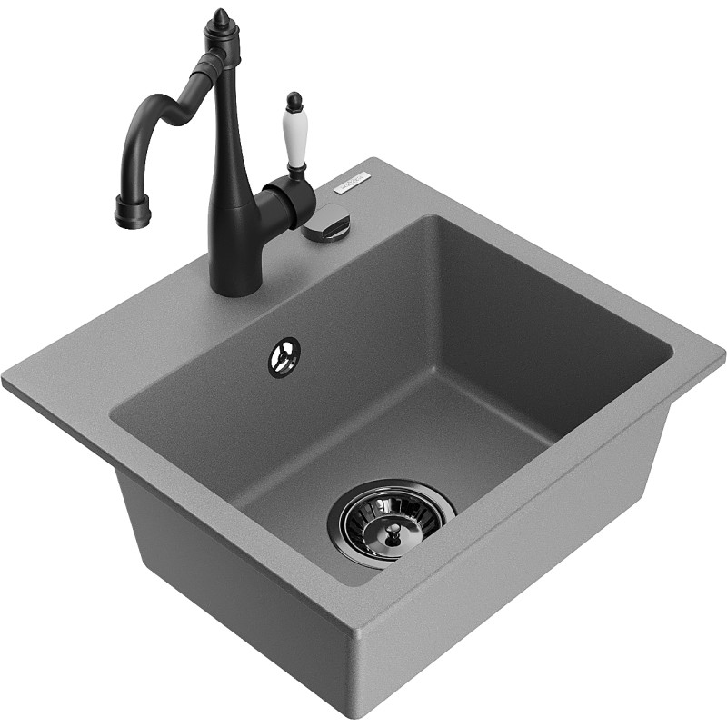 Mexen Milo 1-bowl granite sink with kitchen faucet Carla, gray - 6505-71-670700-70-B