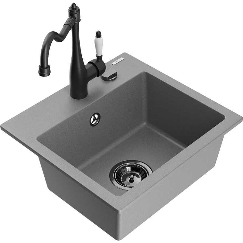 Mexen Milo 1-compartment granite sink with a kitchen mixer tap Carla, Grey - 6505-71-670700-70-B