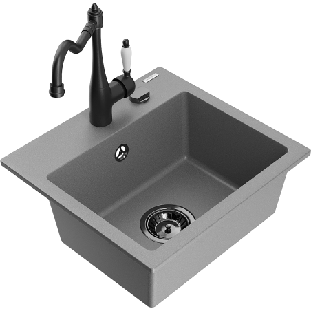 Mexen Milo 1-bowl granite sink with Carla kitchen faucet, gray - 6505-71-670700-70-B