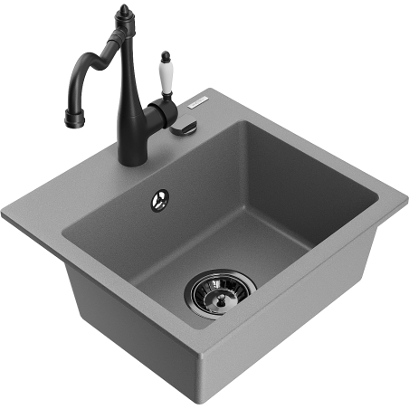 Mexen Milo 1-bowl granite sink with Carla kitchen tap, grey - 6505-71-670700-70-B